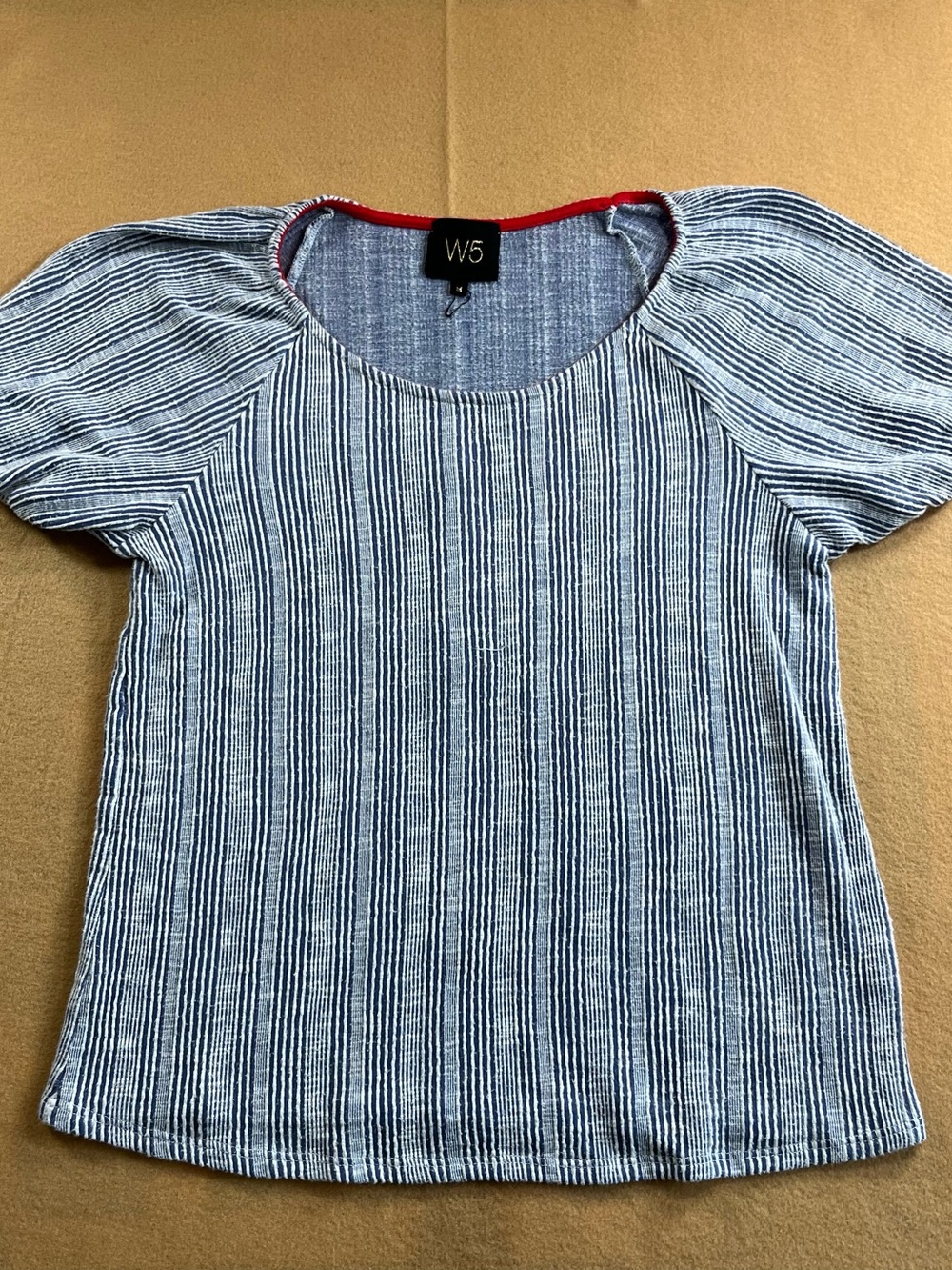 W5 Concepts Anthropologie Women’s M Blue White Striped Textured Puff Sleeve Top